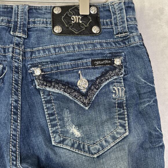 Miss Me Jeans Womens 27 Boyfriend Capri Blue Distressed Embellished Denim Pocket - Picture 5 of 16